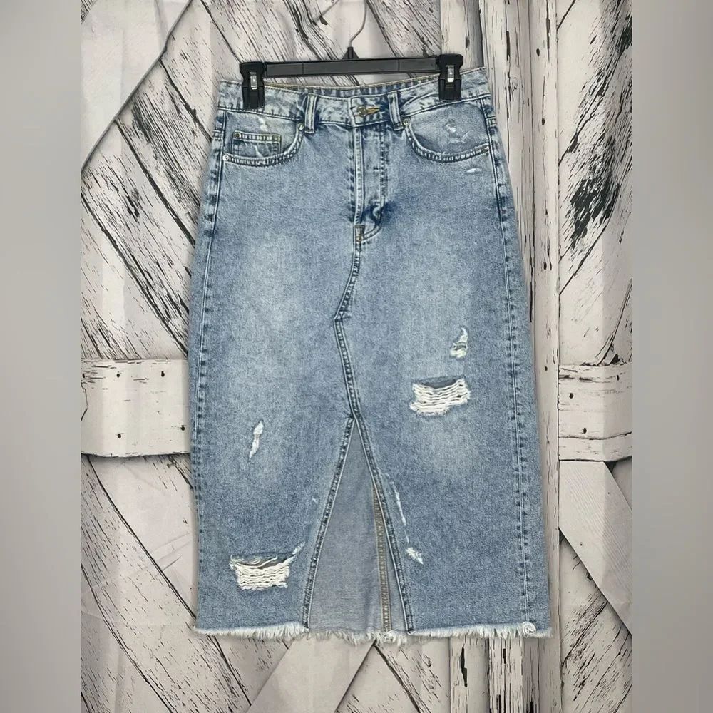H&M & Denim Skirt Midi Distressed 8